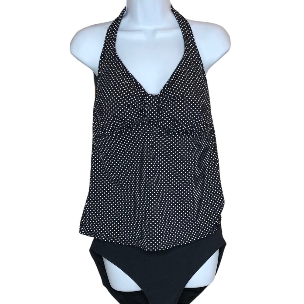 Lands’ End Swim Tankini Top Polka Dot and Black Bikini Bottom